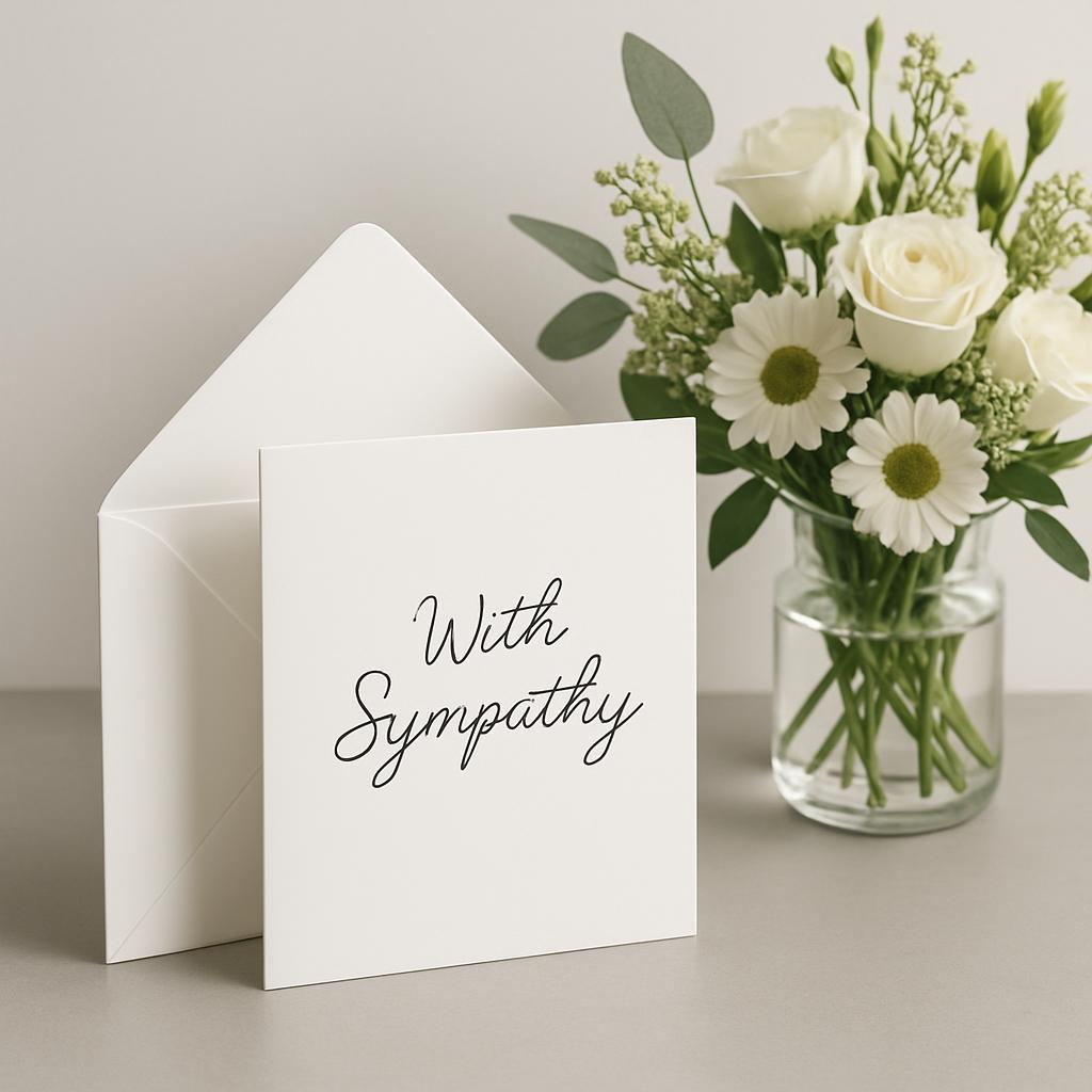 Picture of a sympathy card to console someone for the loss of a loved one. The image depicts a sympathy card with the phra...